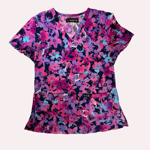 koi BASICS Pink Purple Floral Short Sleeve Scrub Top XS